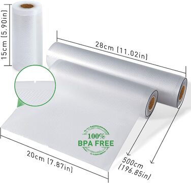 Вакуумний пакувальник KitchenBoss Вакуумний пакувальник Плівка Рулони Вакуумний пакет Їжа Вакуумна плівка Рулони Термозбіжна плівка, Пакет без BPA фольги для вакуумної машини, 8 рулонів 15x2/20x2/28x4/x300см