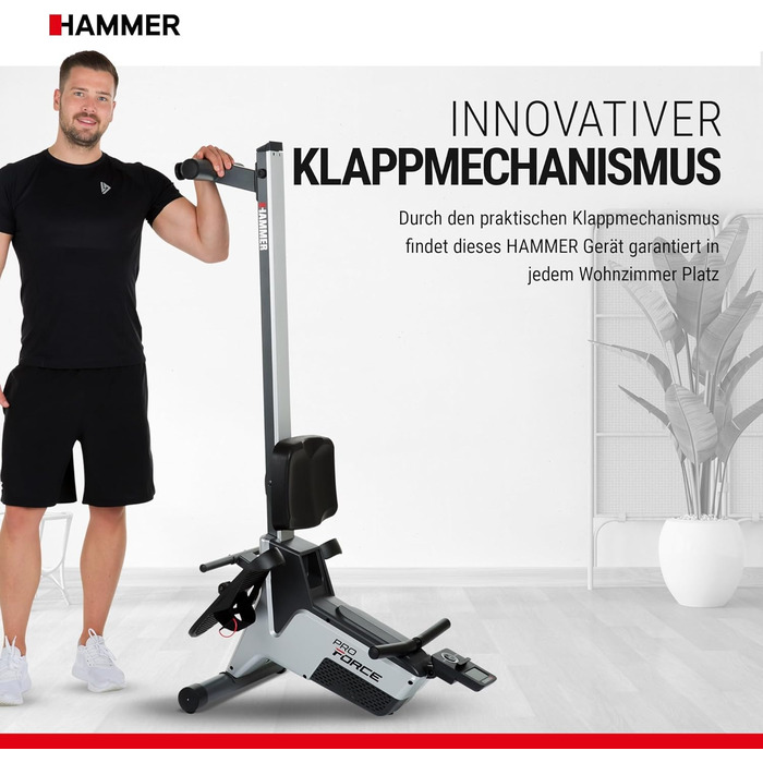 Гребний тренажер HAMMER Pro Force - компактний, легкий та високоефективний кардіотренажер з 20 програмами тренувань та тримачем для планшета, вага користувача до 120 кг