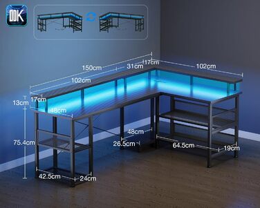 Ігровий стіл ODK зі світлодіодним освітленням, двосторонній ігровий стіл 150102 см з 2 розетками та 2 портами USB для зарядки, великий кутовий стіл із сітчастою полицею, чорний колір з вуглецевого волокна 150102 см з вуглецевого волокна, чорний колір