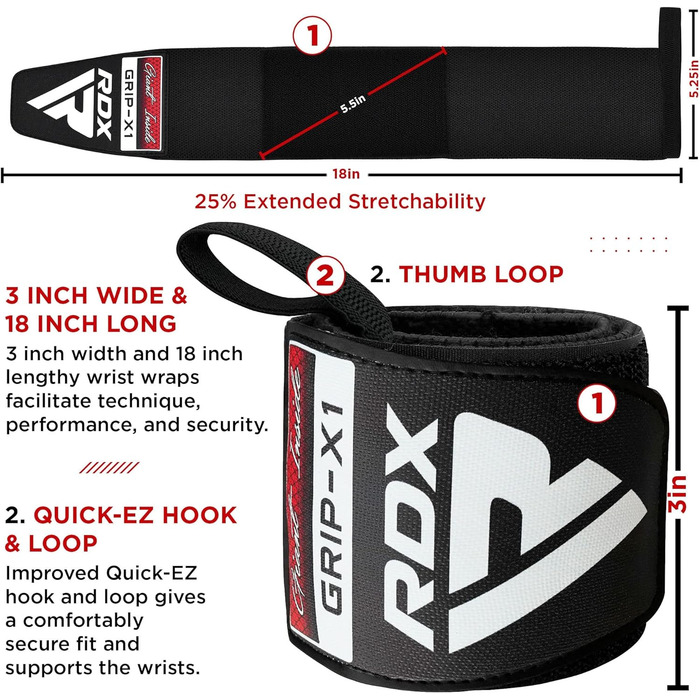 Брекети на зап'ястя RDX Фітнес-тренування з обтяженнями, схвалений IPL USPA, 45-сантиметровий бандаж для тренажерного залу Пов'язки на зап'ястя Ремені, Бандаж на зап'ястя Бандажі на зап'ястя Силові тренування Аксесуари для важкої атлетики Чоловічі жіночі 