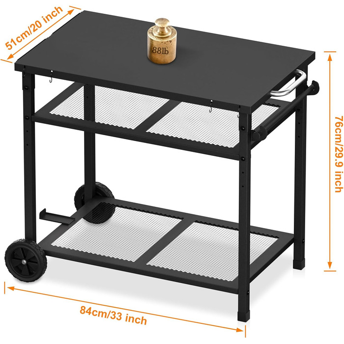 Візок для гриля на відкритому повітрі/стіл для гриля - Мобільний стіл-підставка для піци з колесами, стіл-візок для їжі на відкритому повітрі з двома сітчастими стійками для домашніх вечірок, кемпінгу та використання на свіжому повітрі