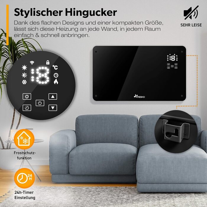 Конвекторний обігрівач TRESKO зі скляним додатком 2000 Вт, WiFi Електричний обігрівач з пультом дистанційного керування Конвекторний радіатор із сенсорним РК-дисплеєм Електричний радіатор, окремостоячий або настінний, чорний