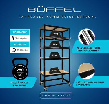 Комплектувальний візок BUFFALO Мобільний комплектувальний стелаж 192x90x50 см 5 полиць Навантаження на полицю 50 кг 2 шт. поворотні ролики та 2 шт. поворотні ролики з фіксуючим гальмом Чорна полиця на колесах Комплект візків для полиць з 2 предметів - 192