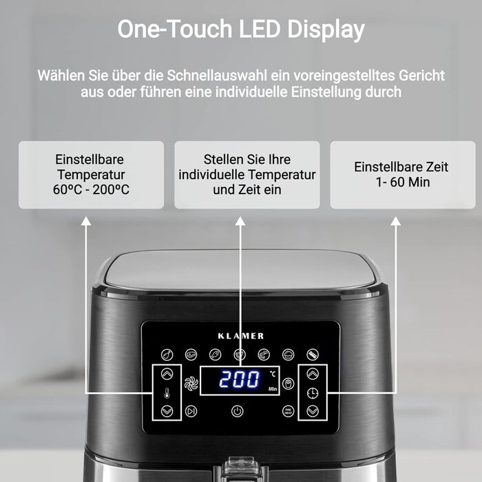 Фритюрниця KLAMER 5.5 л XXL, безмасляна фритюрниця, 1700 Вт зі світлодіодним сенсорним екраном, цифрова німецька книга рецептів, багатофункціональна міні-фритюрниця без олії 5.5 л з нержавіючої сталі
