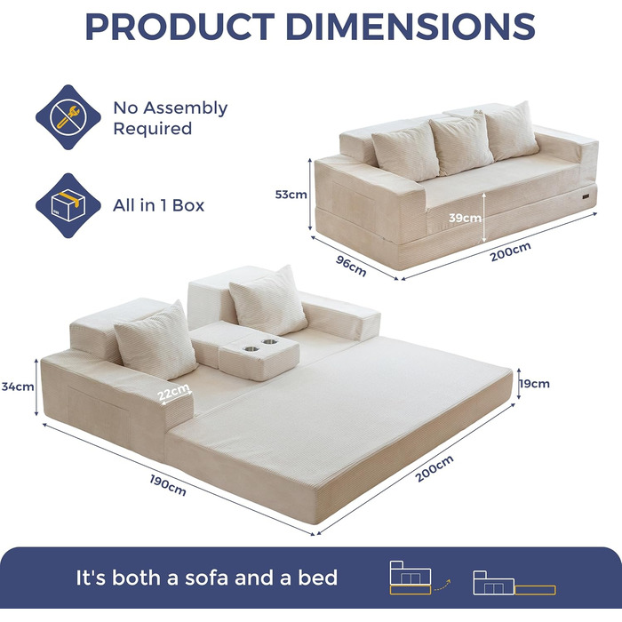 Розкладний диван MAXYOYO, вельветовий диван на підлозі, розкладний диван з підставкою для чашок та декоративними подушками, зручний компресійний диван для вітальні, спальні, кімнати для гостей, кремовий 3-місний