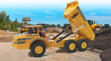 Позашляховий самоскид Volvo A40G 120 2,4GHz - реалістичне рульове управління, підйом/опускання кузова, реалістичний звук двигуна (з можливістю вимкнення), демонстраційний режим, повний привід, автоматичний режим очікування, жовтий, 405056