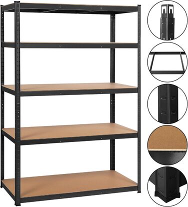 Стелаж Yaheetech для важких умов експлуатації, 180 x 120 x 60 см, 5 полиць, металева полиця, максимальне навантаження 875 кг, чорний, 180 x 120 x 60 см, чорний