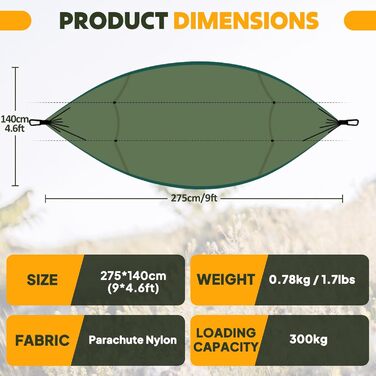 Ультралегкий гамак для кемпінгу з москітною сіткою NATUREFUN, вантажопідйомність 300 кг (275 x 140 см), дихаючий, швидковисихаючий парашутний нейлон, включає 2 карабіни преміум-класу, 4 нейлонові петлі, 275 x 140 см, темно-зелений