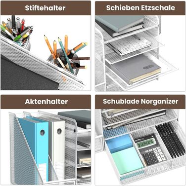 Рівневий сітчастий органайзер для столу з шухлядою, лотками для файлів та тримачами для ручок - рішення для зберігання офісного та художнього приладдя для паперу для малювання, сортувальника олівців, тримача для журналів (білий), 5-