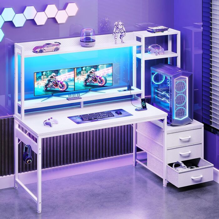 Ігровий стіл Coleshome з полицями та шухлядами, 13748 см Ігровий стіл зі світлодіодним освітленням та розеткою, комп&39ютерний стіл з полицями та підставкою для монітора, вуглецеве волокно білого кольору Карбонове волокно білого кольору 13748 см
