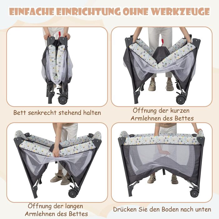 Дитяче ліжечко DREAMADE 4-в-1, складне та портативне дитяче ліжечко з колесами, матрац, пеленальний килимок та музичний мобіль, 102 x 72 см, приліжкове ліжечко для малюків 0-36 місяців (бежевий)