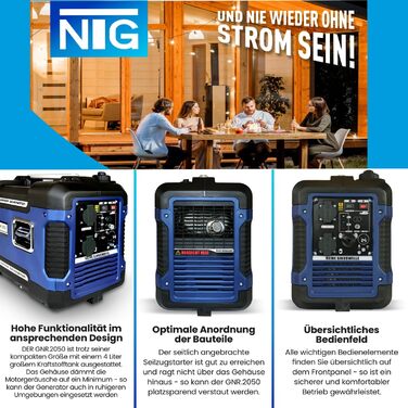 Інверторний електрогенератор GNR.2050 тихий лише 59 дБ(А) об'єм бака 4 л l 4-тактний двигун l бензиновий l з ручкою для перенесенн