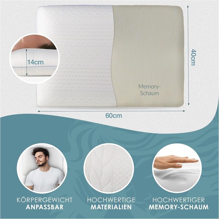 Подушка для сну - Ортопедична подушка з піни з ефектом пам&39яті, ергономічна та для полегшення болю в шиї, для всіх положень сну (на спині, животі та на боці) (, біла, висота 14 см) Висота 14 см Білий 1