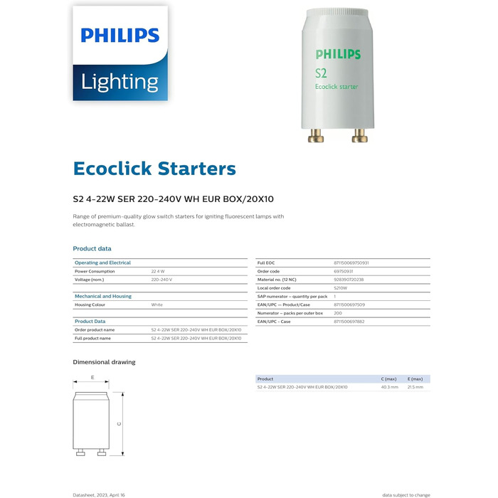 Для люмінесцентних ламп, S2, 422 Вт, SER, 220240 В, упаковка з 2 шт., 2 Starter