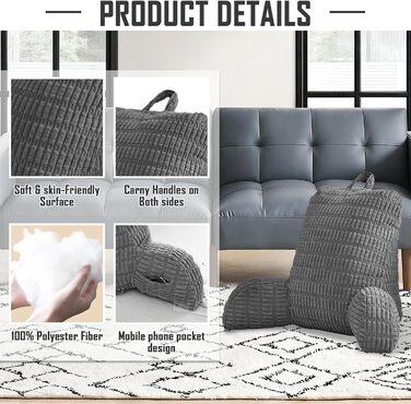 Подушка для читання для ліжка та дивана, диван для дорослих з подушкою для спинки, подушка сидіння з підлокітником, спинка підходить для перегляду телевізора, читання, гри в ігри на мобільному телефоні та гри в ліжку (сіра)