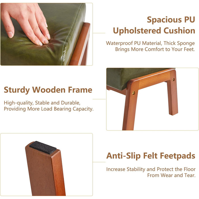 Невеликий пуф-табурет, прямокутний пуф-підставка зі штучної шкіри з м&39яким сидінням та дерев&39яними ніжками, сучасний низький пуф-підставка для вітальні/спальні, темно-зелений WBD013GR, 10.2H