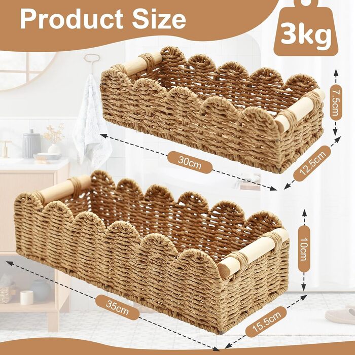 Плетений кошик для зберігання, набір з 2 шт. , кошики для зберігання у ванній кімнаті, декоративні кошики, кошик-органайзер для пеленального столика на кухню, дитячу кімнату, вітальню, кошик для рушників та туалетного паперу (натуральний)