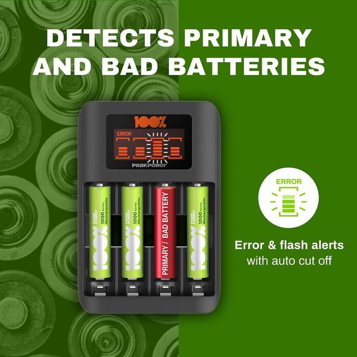 Швидкий зарядний пристрій PeakPower преміум-класу для акумуляторів AAA та AA NiMH з окремим слотом для зарядки та РК-дисплеєм, зарядний пристрій для акумуляторів з 4 батарейками AAA 4 батарейками AAA