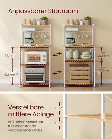 Кухонна полиця VASAGLE з розетками, окремостояча полиця, полиця для мікрохвильової печі, 4 рівні та 8 S-подібних гачків, регульована полиця, тримач для кухонних пакувальних машин, 40 x 60 x 140 см, Золотий дуб-хмарно білий KKS014Y02 60B см Золотий дуб мат