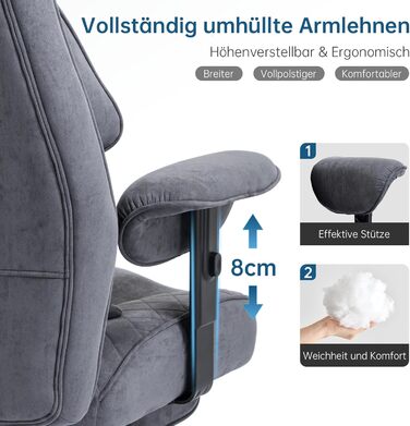 Ергономічне офісне крісло, вантажопідйомність 200 кг, крісло керівника з підставкою для ніг, робоче крісло з поперековою опорою, зручне широке сидіння XXL, потовщена оббивка, регульована висота, штучна замша сірого кольору