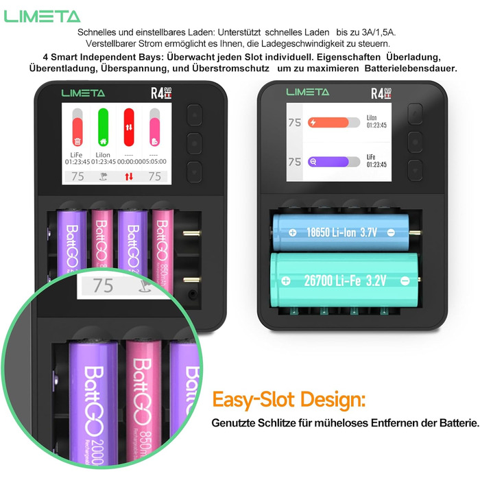 Зарядний пристрій LIMETA 18650 для акумуляторів AA AAA з 42 незалежними слотами, підтримує розряд/аналіз, з РК-дисплеєм, для 3.7V Li-Ion/Ni-MH/Li-Fe/1.5V Lithium 18650 18700 20650 20700 21700 26650 AA AAA R4EVO