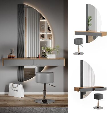 Туалетний столик Vicco Melisa, дуб/сірий, 120 см з підсвічуванням і табуретом Сірий зі світлодіодним дзеркалом і табуретом