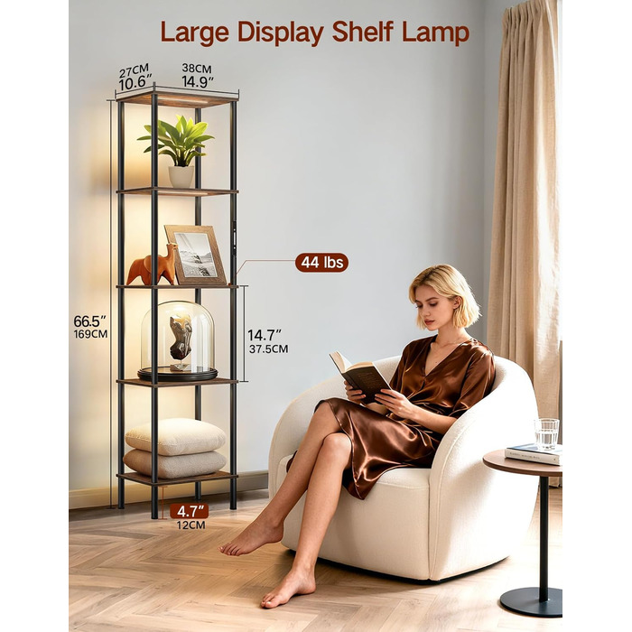 Торшер з полицею, світлодіодний світильник з регульованою яскравістю, 3 колірні температури, сенсорне та дистанційне керування, книжкова полиця з підсвічуванням, дерев&39яна окремостояча полиця, сучасний дизайн для вітальні, спальні, офісу (колір рустик-к