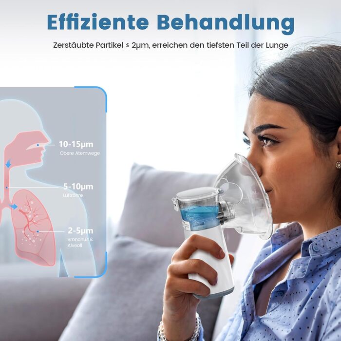 Інгалятор, Портативний інгалятор для дорослих та дітей, Безшумний регульований інгалятор з мундштуком та 2 масками, 3 швидкості, USB-C інгалятор з акумулятором - Сірий