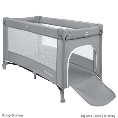 Дитяче ліжечко Moby-System 128x68 см Складане дитяче ліжечко з матрацом та сумкою для перенесення Манеж з боковим виходом для дітей вагою до 15 кг Сірий базовий