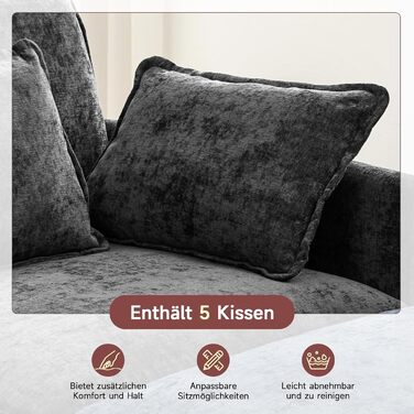 Модульний кутовий диван, L-подібний диван для вітальні, надзвичайно глибокі, зручні дивани-хмарки з шенілу з декоративними подушками та розсувною оттоманкою (чорний, 3 місця з 1 оттоманкою) Чорний 3 місця з 1 оттоманкою