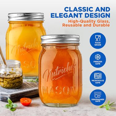 Банки Nutrichef Mason з кришками - 473 мл (16oz) скляні контейнери з магнітною кришкою для спецій, домашнього приготування, вівсянки на ніч, джему, меду, свічок, рукоділля, весільних сувенірів (набір 4 шт.)