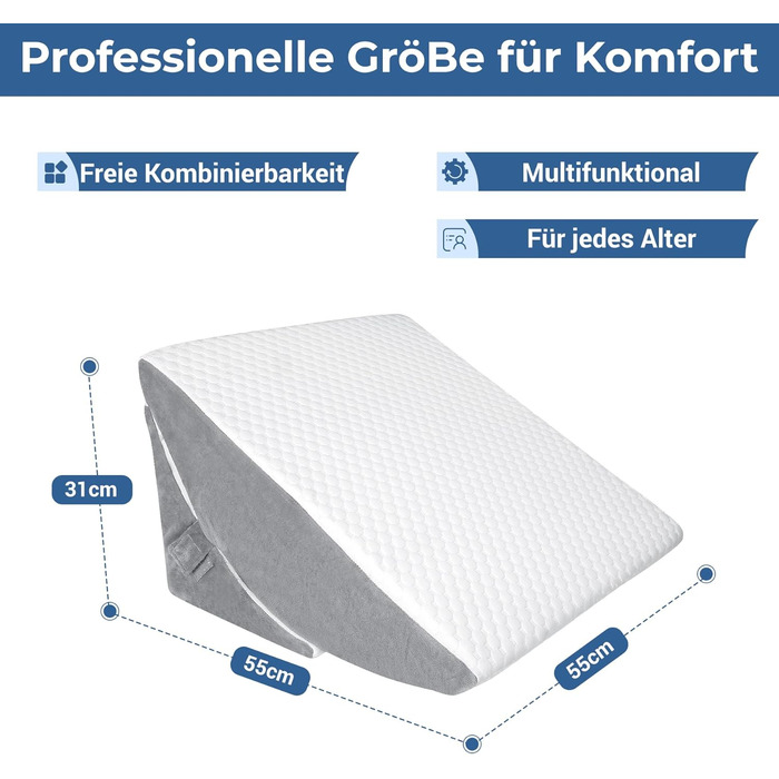 Регульована клиноподібна подушка, подушка для читання з піни високої щільності з валиком для шиї для ліжка та дивана, ергономічна клиноподібна подушка для ліжка від рефлюксного апное сну, подушка для ніг, подушка для спини для читання, гри або перегляду т