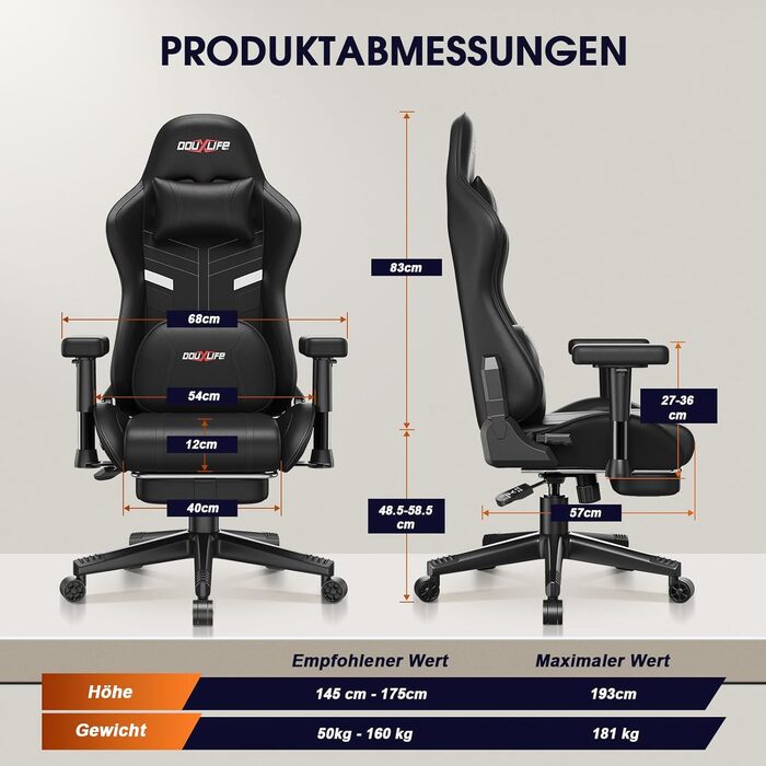 Ігрове крісло Douxlife з функцією розминання, масажу та підігріву, ергономічне офісне крісло з підставкою для ніг, регульоване на 90-175, м&39які 2D підлокітники, ігрове крісло для ПК, 181 кг, чорний колір