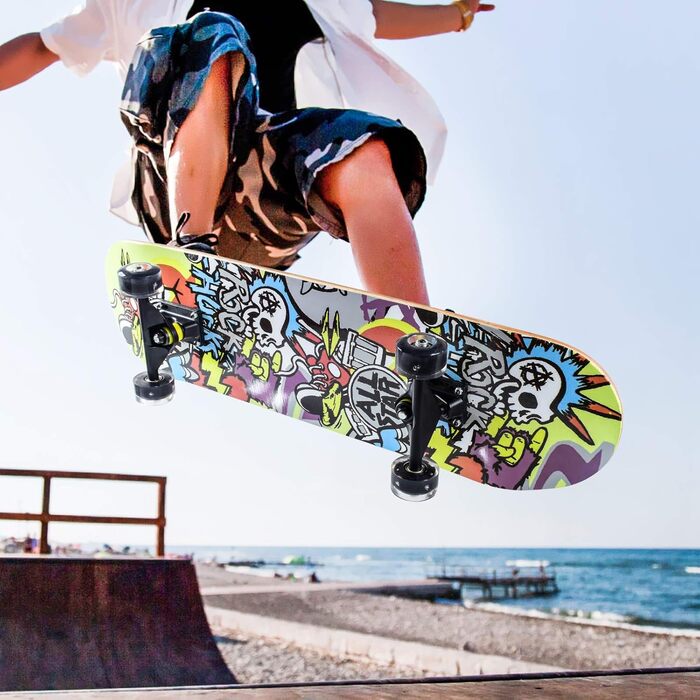 Повний скейтборд White-123 78.7 x 20.3 см - 8-шарова дека з клена, ABEC-11 підшипники, блискучі PU колеса, для дітей, підлітків та дорослих, білий дизайн