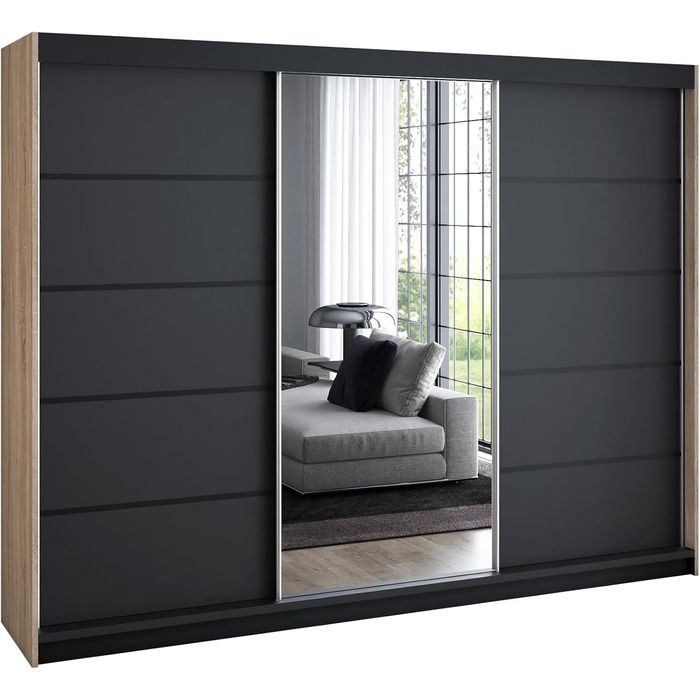 Шафа з 4 розсувними дверима, 3-дверна, 200 см, з дзеркалом, 4 шухлядами та 2 рейками для одягу, Містка шафа для спальні (Сонома/Чорний) Сонома / Чорний / Чорний