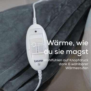 Ковдра Beurer HD 75 Dark Grey, м&39яка, з підігрівом, 6 температурних режимів, можна прати в пральній машині, з автоматичним вимкненням та додатковою безпекою, темно-сіра, 180 x 130 см