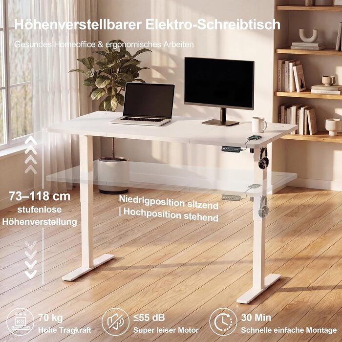 Регульований по висоті письмовий стіл JUMMICO 160x70 см, з USB-портом, пам'яттю на 2 режими, системою антиколазії та функцією нагадування, білий
