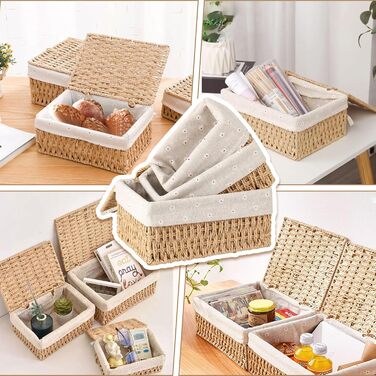 Набір кошиків для зберігання з 3 шт. , кошики для зберігання з кришками, плетені з паперової мотузки, кошики в стилі бохо з підкладкою, багатофункціональна коробка для зберігання іграшок, туалетного приладдя, туалетного паперу, хакі