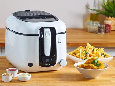 Фритюрниця Tefal Super Uno FR3140 в т.ч. таймер Ємність 2,2 літра Запчастини, які можна мити в посудомийній машині Антипригарне покриття Фільтр для видалення запахів Захист від бризок Знімний контейнер Білий/Чорний Super Uno з таймером білий/чорний