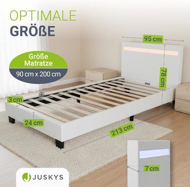 Ліжко Juskys Paris з м&39якою поверхнею 90x200 см зі світлодіодним освітленням, рейковим каркасом та узголів&39ям, ліжко з дерев&39яним каркасом та чохлом зі штучної шкіри, біле 90 x 200 см
