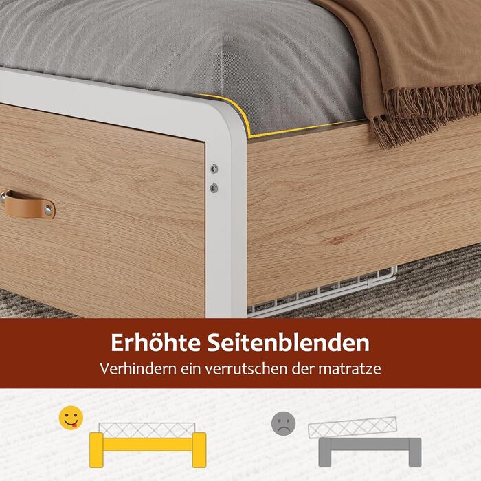 Ліжко 140x200 см, металевий каркас ліжка, основа ліжка з рейковою основою, зарядна станція, 2 шухляди, металевий каркас та дерев&39яне узголів&39я з місцем для зберігання, для спальні, гостьової кімнати, білий натуральний 140 x 200 см білий натуральний