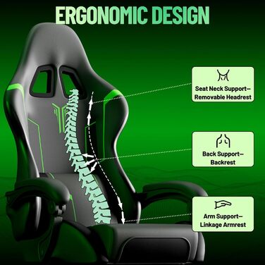 Ігрове крісло, ергономічне ігрове крісло - регульоване та поворотне ігрове крісло, з шарнірними підлокітниками, підставкою для ніг, поперековою опорою, шкіряним покриттям, ігрове крісло для кіберспорту/дому/офісу (чорний зелений) сірий