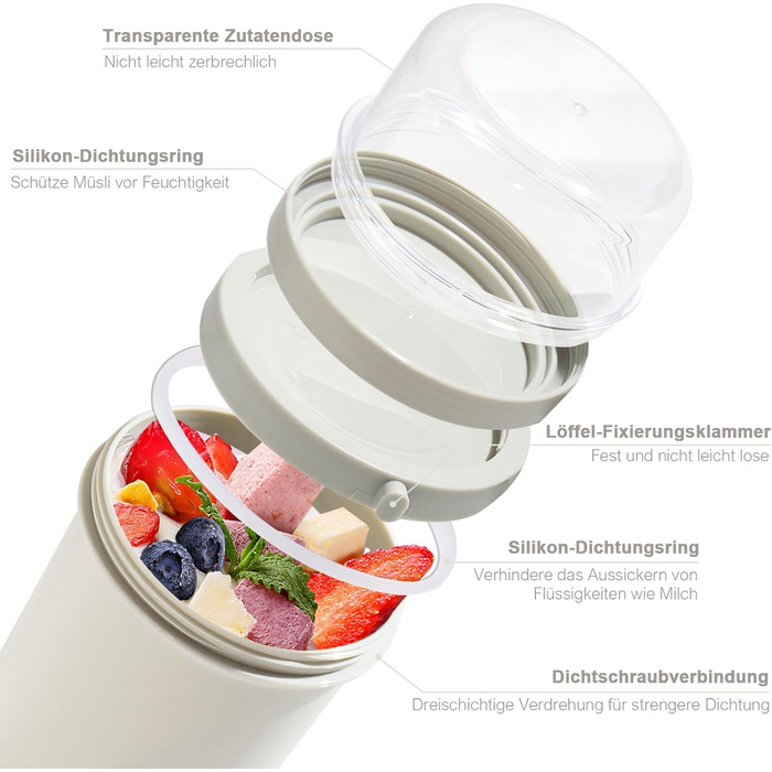 Набір контейнерів для сніданку та обіду To Go, 450 мл 250 мл контейнер для йогурту та мюслі з ложкою, герметичний стакан для мюслі та йогурту, ланчбокс (світло-сірий)