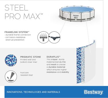 Комплект каркасного басейну Bestway Steel Pro MAX з фільтруючим насосом Ø 305 x 76 см, світло-сірий, круглий одинарний