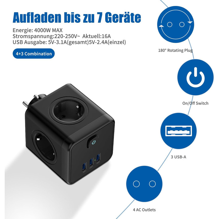 Перехідник для розетки з USB, розетки з вимикачем, подовжувач з USB, 4000 Вт/16 А, 3 USB (5 В/3,1 А), для спальні, подорожей та оф