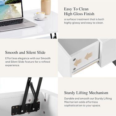 Журнальний столик з регульованою висотою, глянцевий стіл для вітальні з підйомною стільницею, сучасний журнальний столик для вітальні з 16-кольоровим світлодіодним освітленням та 2 шухлядами, білий, повний підйом