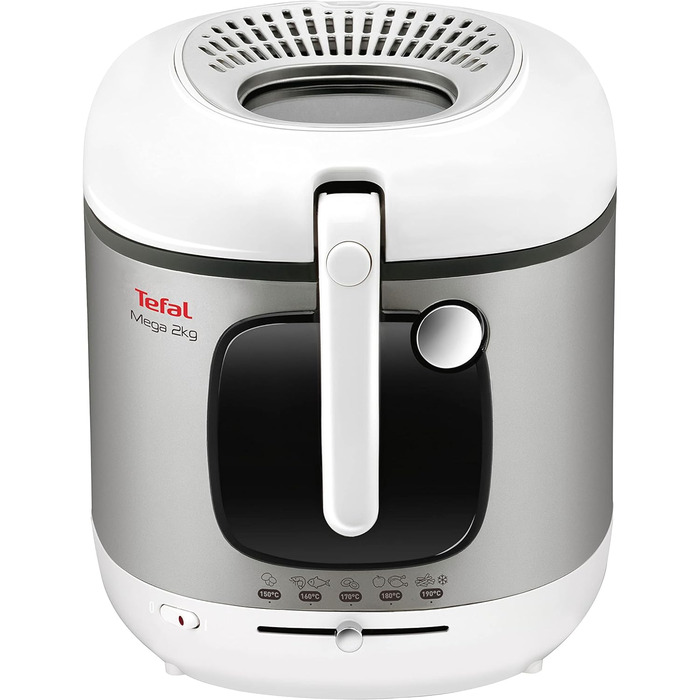 Електрична фритюрниця Tefal FR4800 Mega 2 кг Ємність масла 3,3 л Фільтр проти запаху Запчастини, безпечні для миття в посудомийній машині Оглядове вікно регульований термостат Білий/Нержавіюча сталь