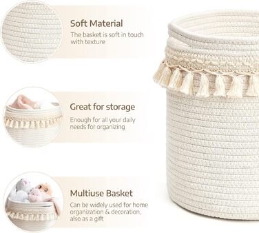 Декоративний кошик Mkono з макраме з бавовняної мотузки, декор для дитячої кімнати в стилі бохо, маленький, милий, плетений пензлик, шафа, контейнер для зберігання дитячих іграшок, журналів, вітальня, спальня, колір слонової кістки 11&39x11&39