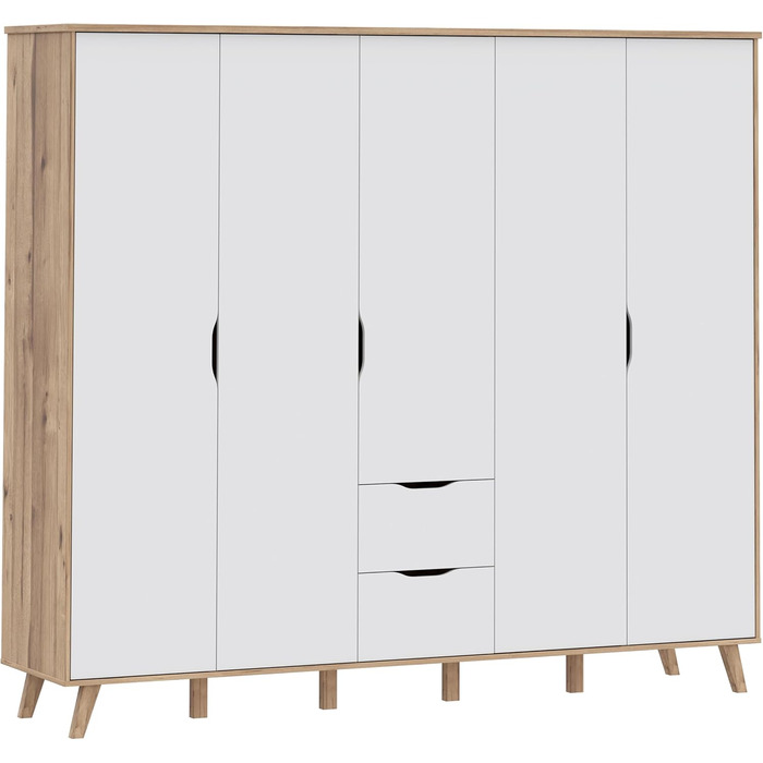 Гардероб Forte VANKKA 230, шафа в скандинавському стилі з 5 дверима на петлях та 2 шухлядами, витончені меблеві ніжки, інженерна деревина, декор дубовими дошками Білий, 228,8 см завширшки x 201,5 см заввишки x 52,7 см завглибшки. Біло-дубова 5-дверна шафа