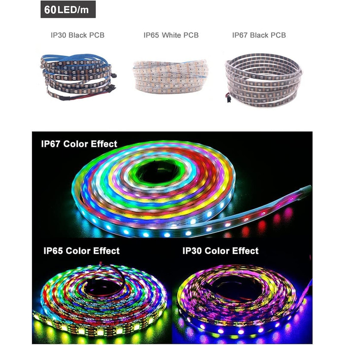 Світлодіодна піксельна світлова стрічка подвійний сигнал 1м/5м індивідуально адресований світлодіод 30/60/144 пікселів/світлодіодів/м (чорна друкована плата IP67, 5m 30 LED/M), 12V WS2815 (WS2812B/WS2813) RGB